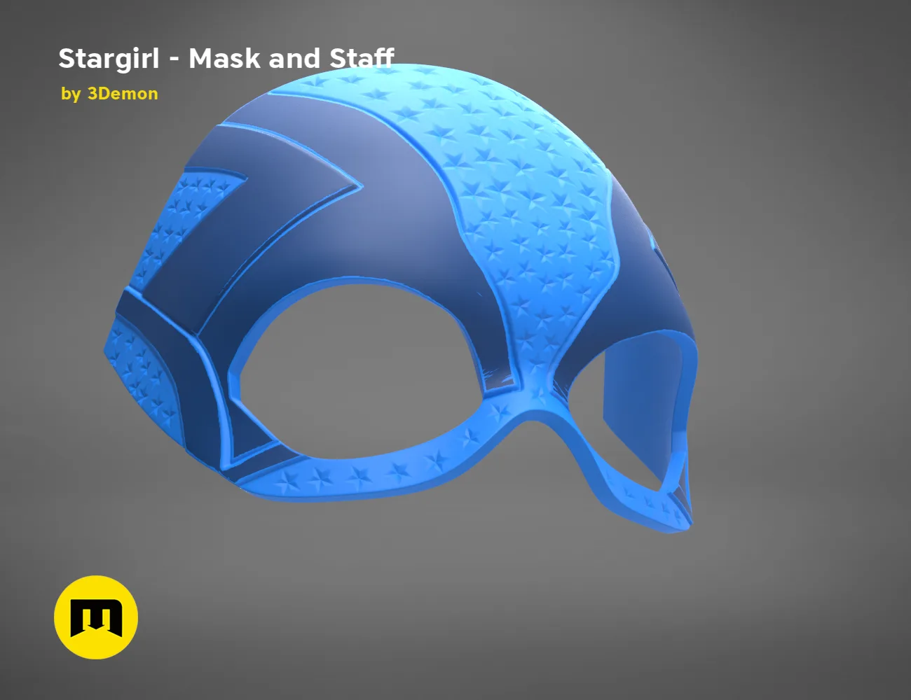 3D model render of Stargirl Mask, blue cosplay helmet with star-patterned top, 3D print