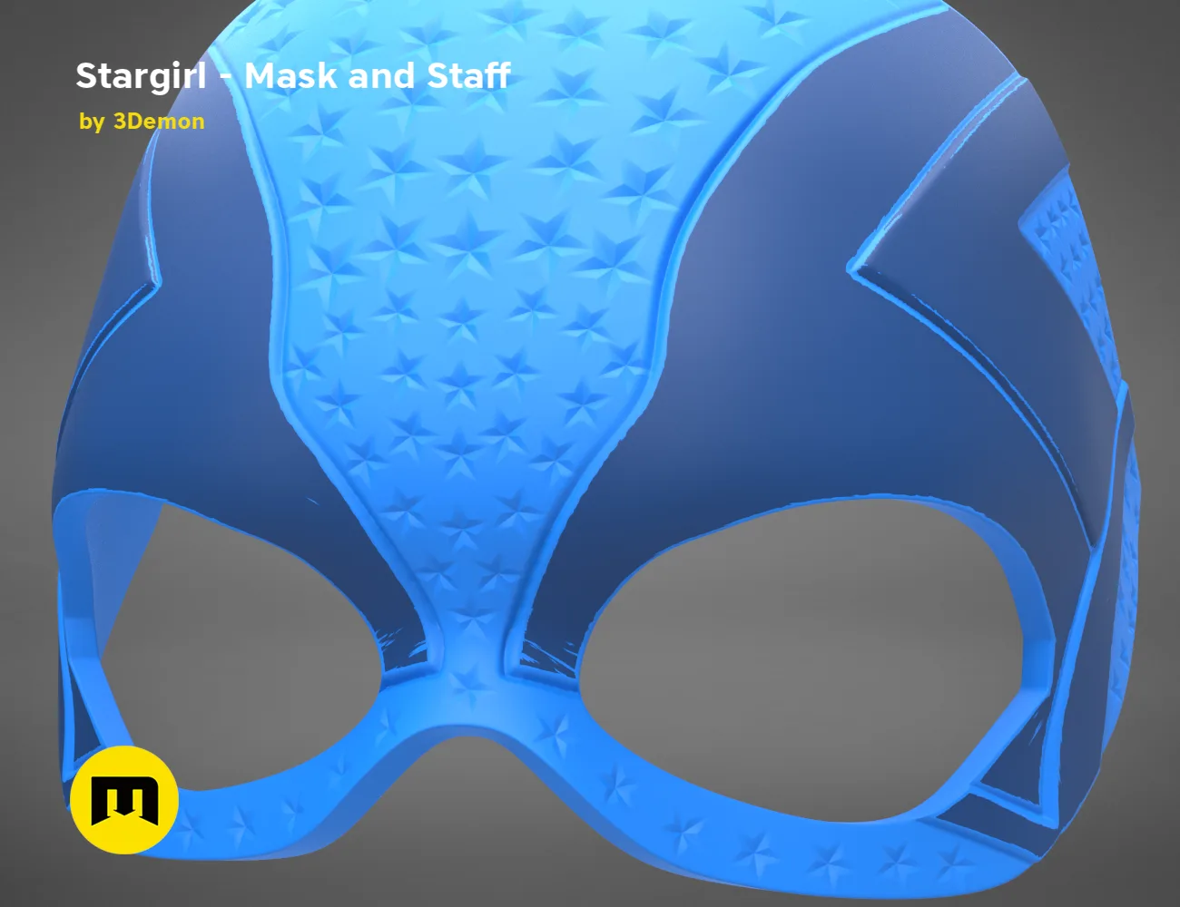 3D model render of Stargirl Mask, blue cosmic pattern with staff attachment, 3D print cosplay prop