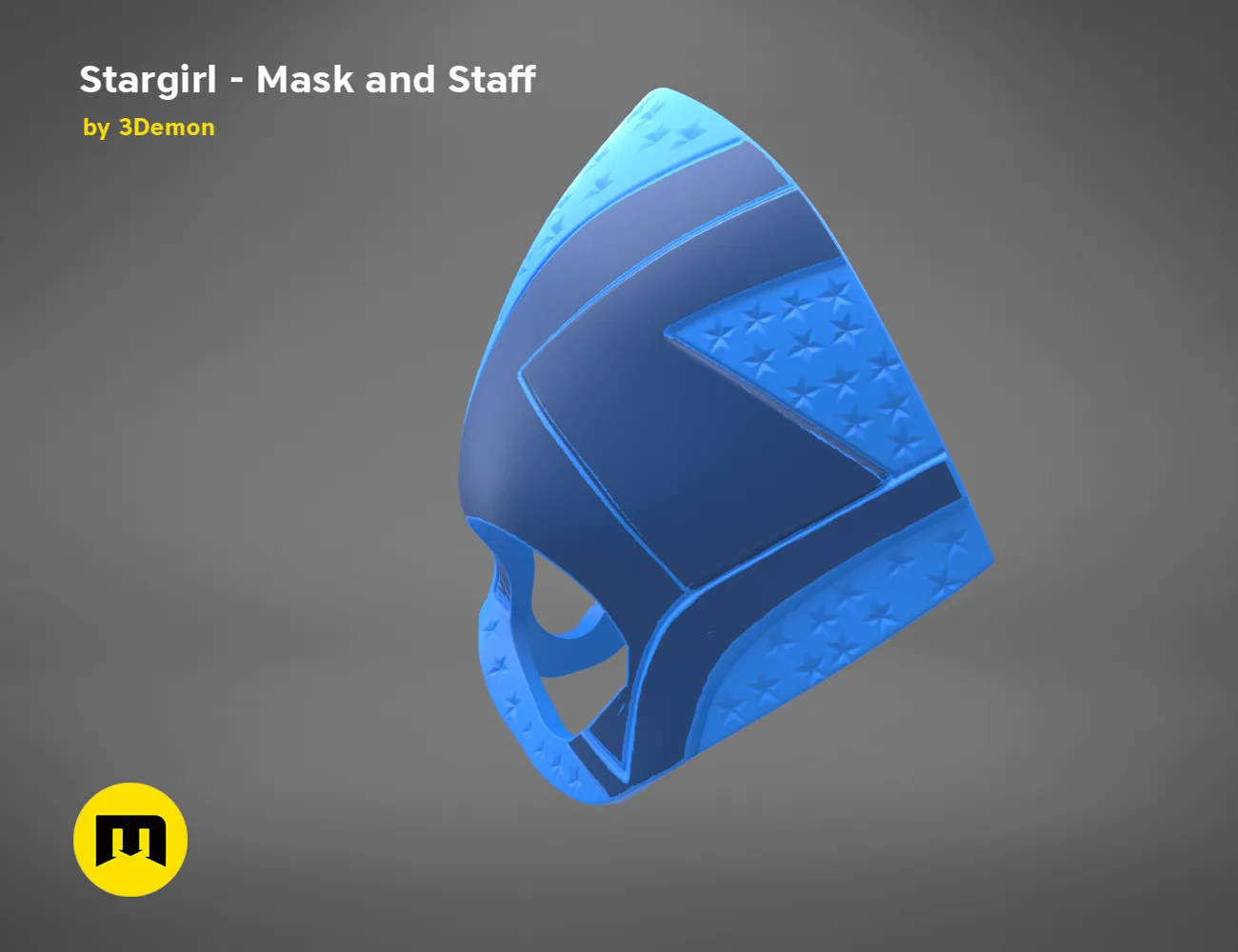 3D model render of Stargirl Mask and Staff, blue cosplay prop with textured details, 3D print