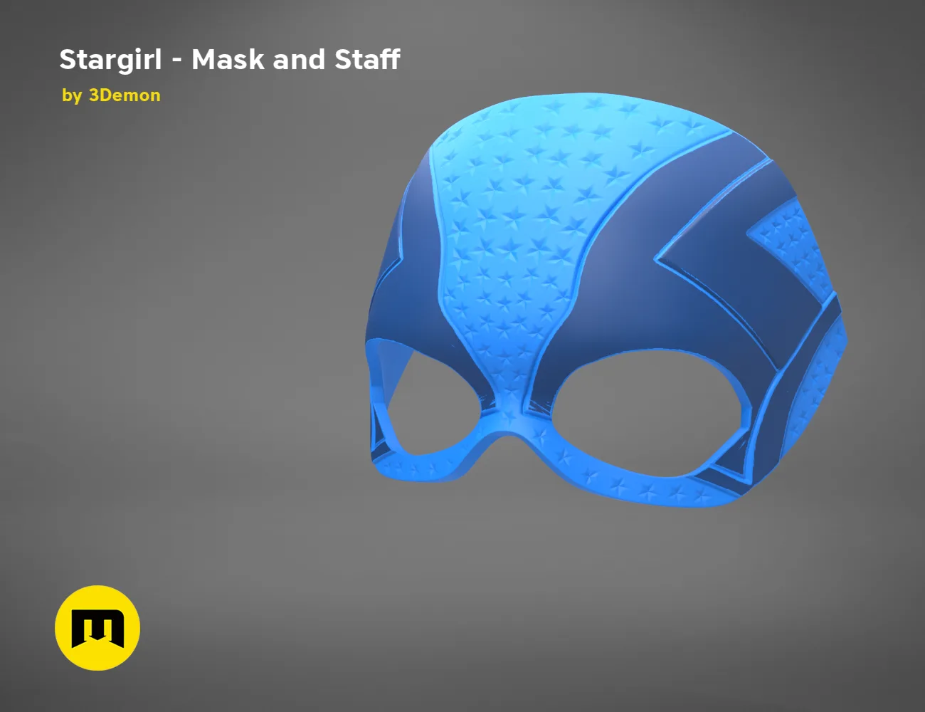 3D model render of Stargirl Mask, blue cosplay prop with staff attachment, 3D print preview