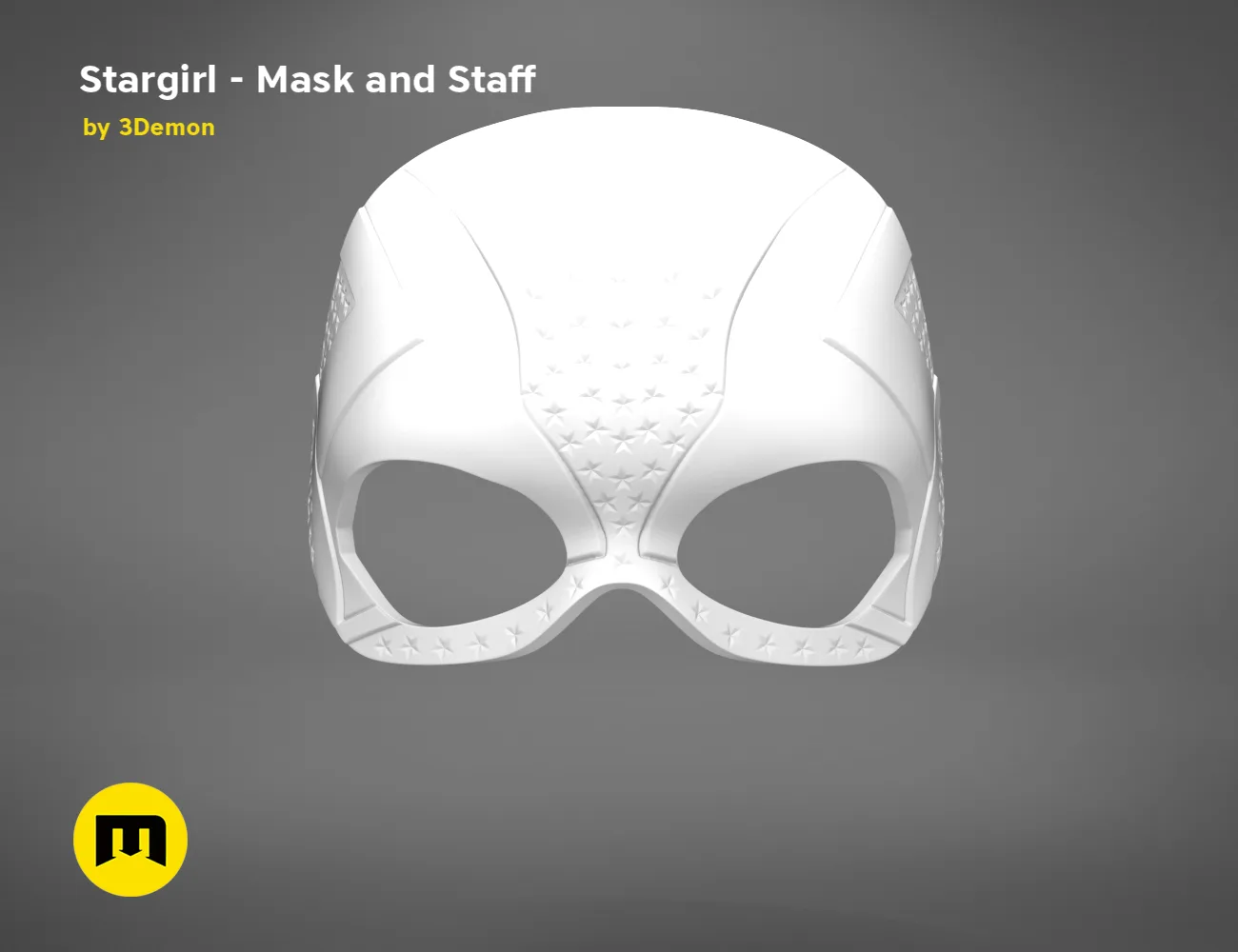 3D model render of Stargirl Mask, front view with star-patterned visor, 3D print cosplay prop