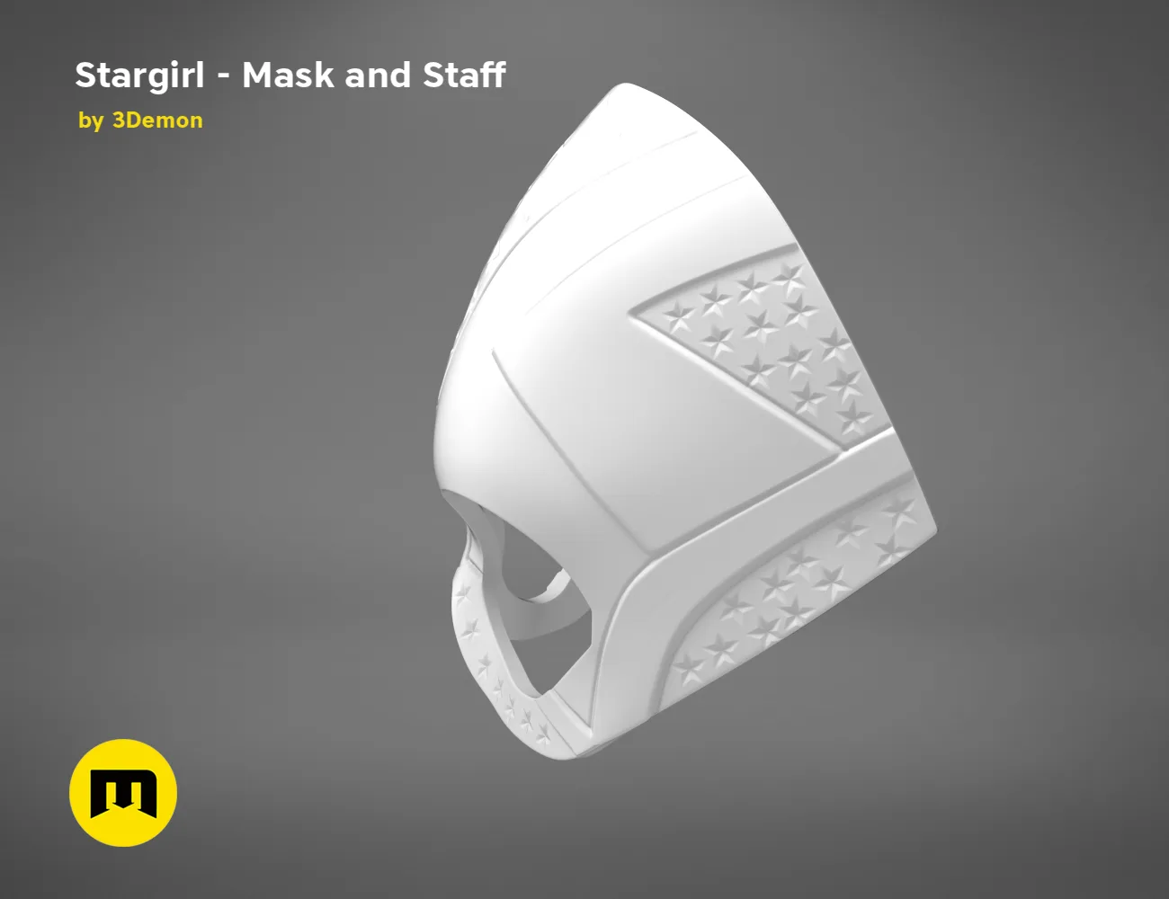 3D visualization of Stargirl Mask, white star-patterned cosplay prop with staff attachment, 3D print