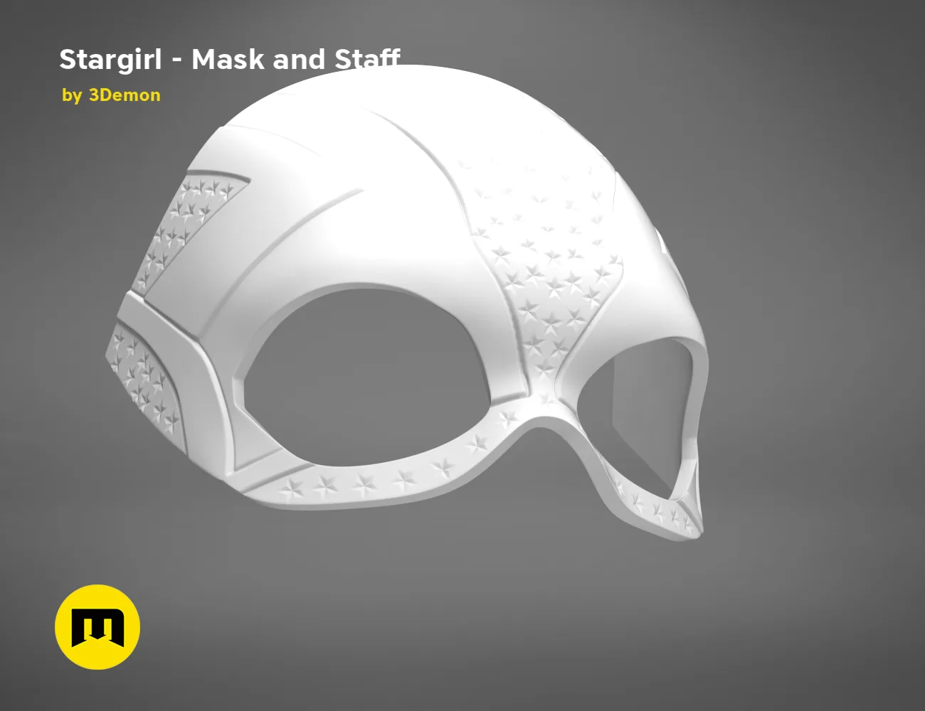 3D model render of Stargirl Mask, white star-patterned cosplay prop, side view