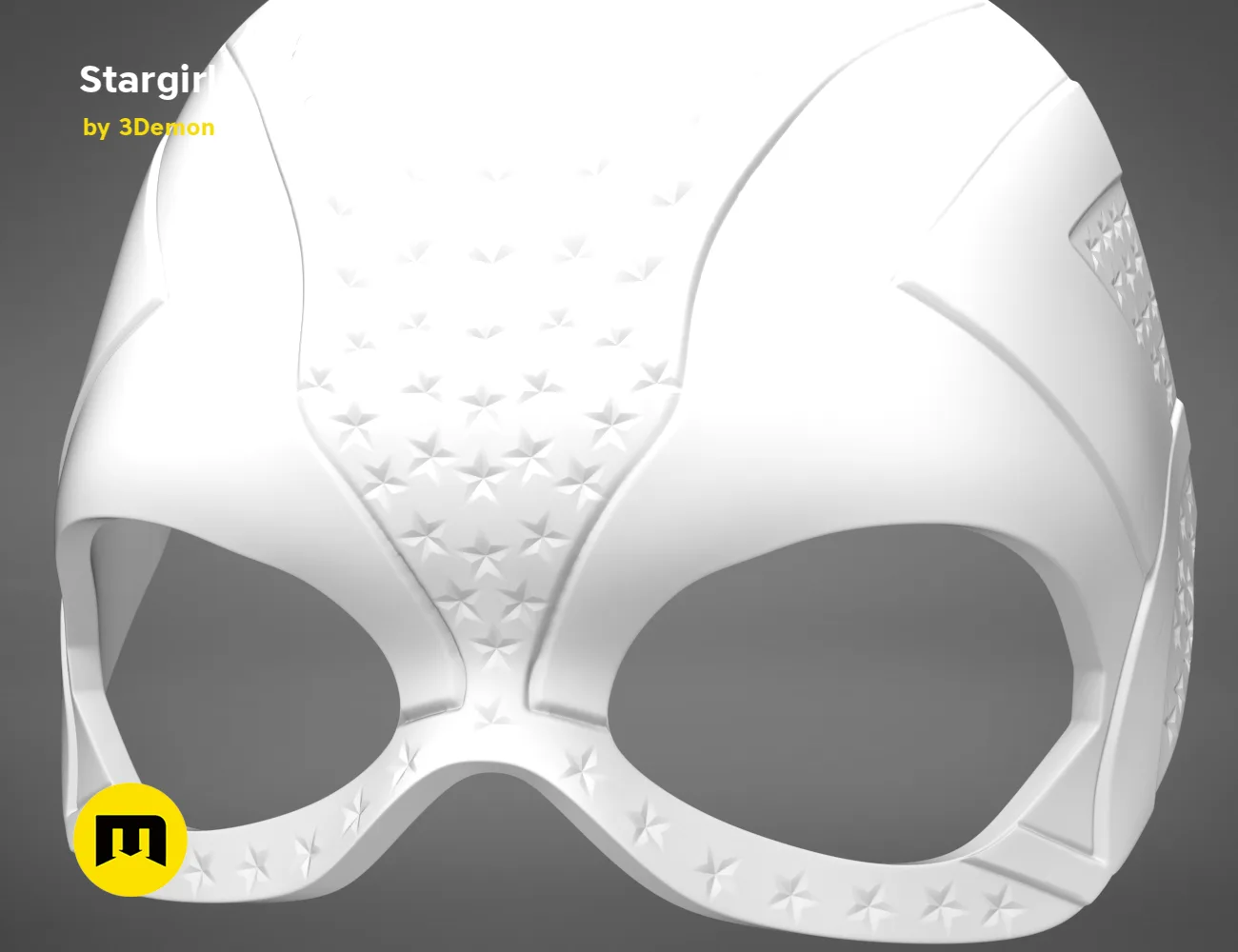 3D model render of Stargirl mask, intricate star-patterned visor, 3D print cosplay prop