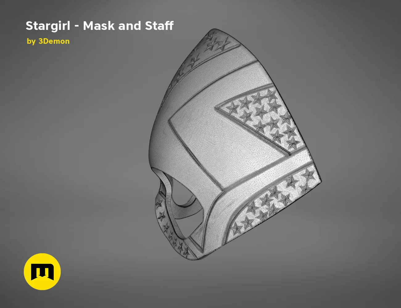 3D model render of Stargirl Mask, star-patterned cosplay prop with staff attachment, 3D print