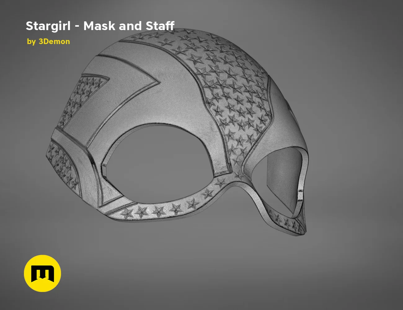 3D model render of Stargirl Mask, star-patterned cosplay prop, side view STL preview