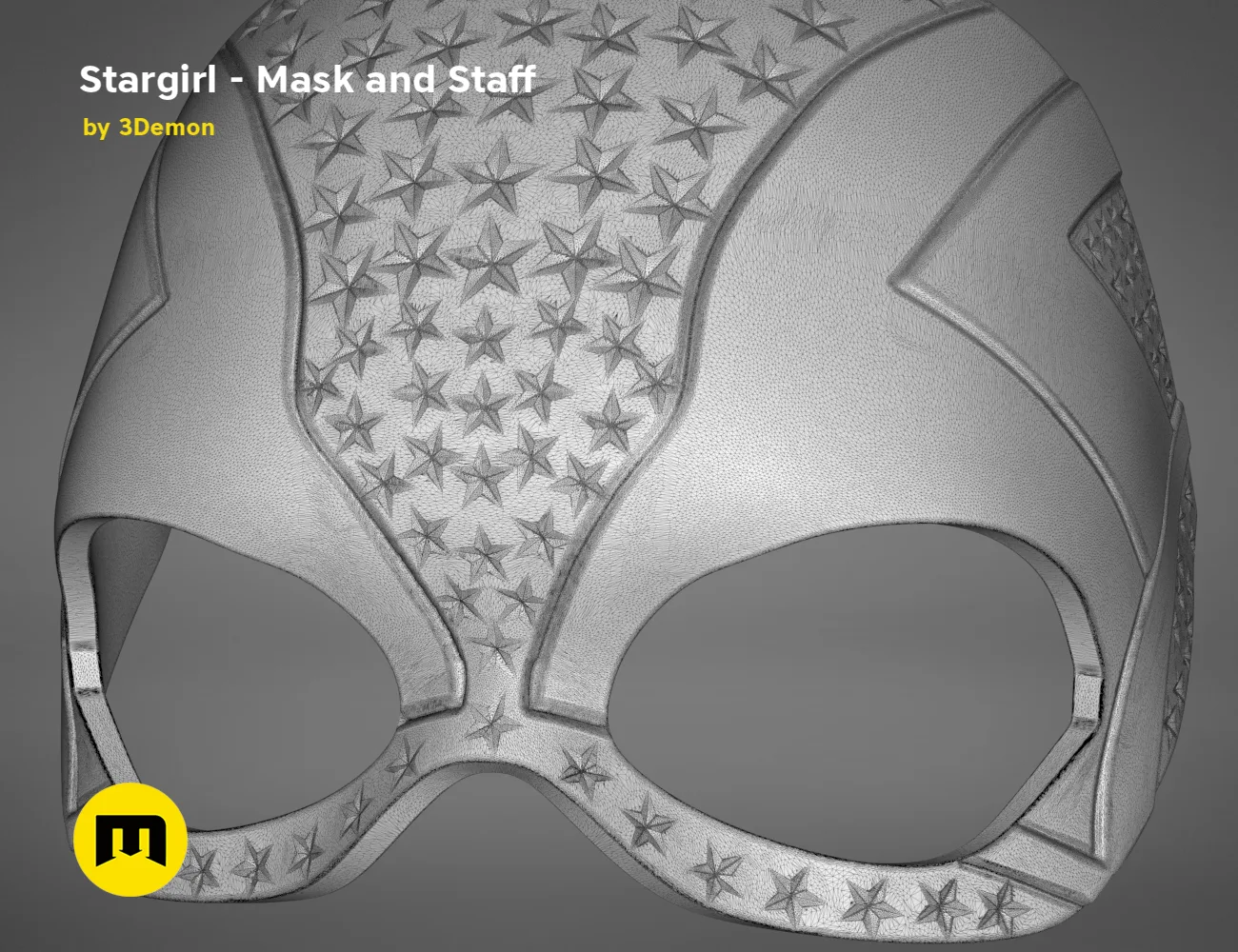 3D model render of Stargirl Mask, star-patterned cosplay prop with staff attachment, 3D print