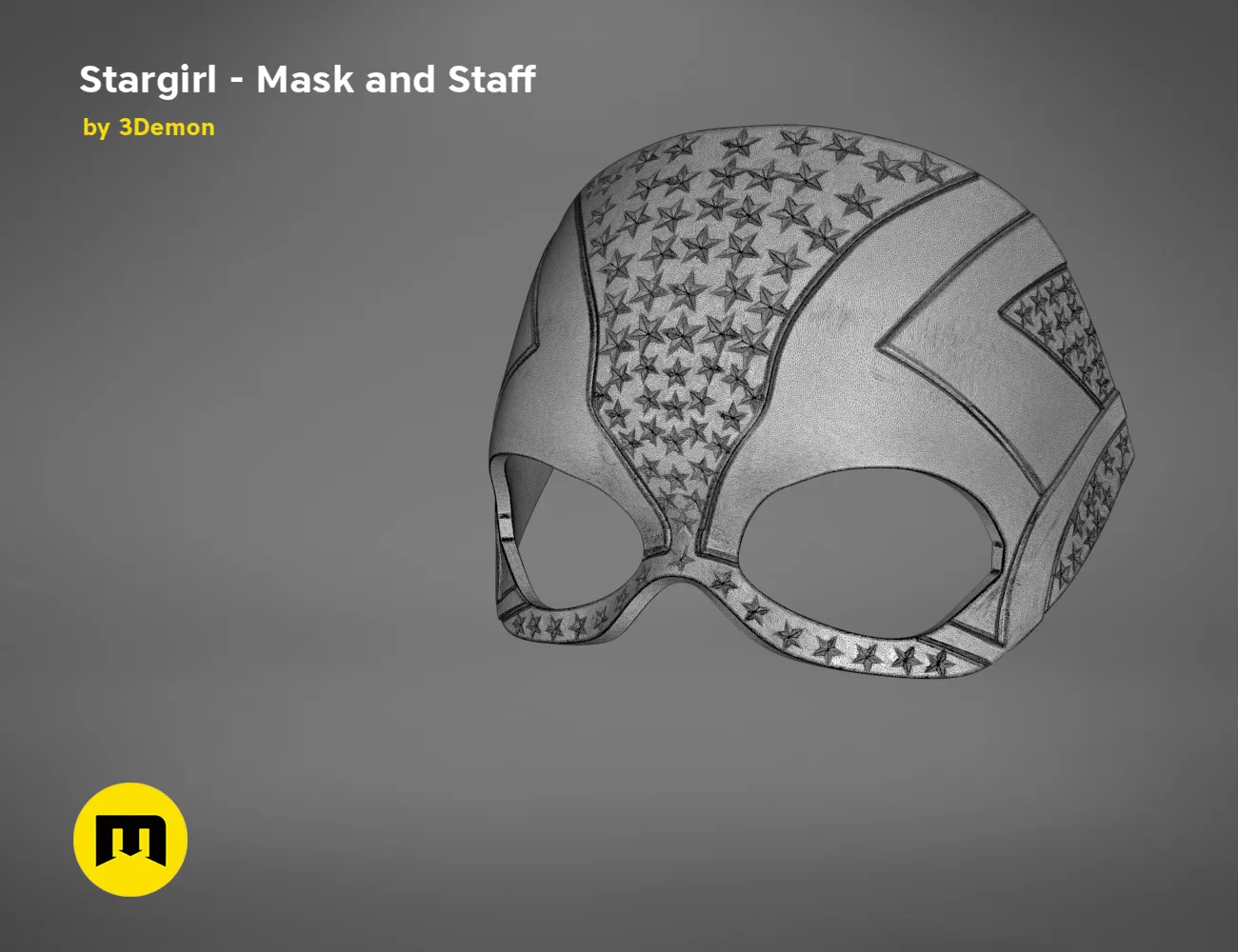 3D model render of Stargirl Mask, star-patterned cosplay prop with staff attachment, 3D print