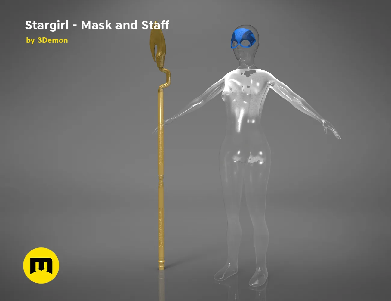 3D model render of Stargirl Mask and Staff, blue alien-style mask with gold staff, DC Comics cosplay prop