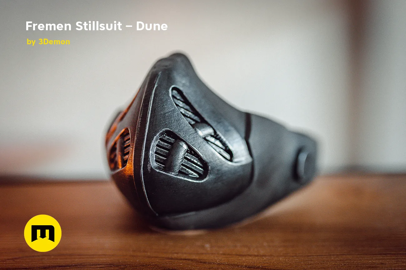 3D model render of Fremen Stillsuit Mask - Dune, detailed side view, 3D print cosplay prop