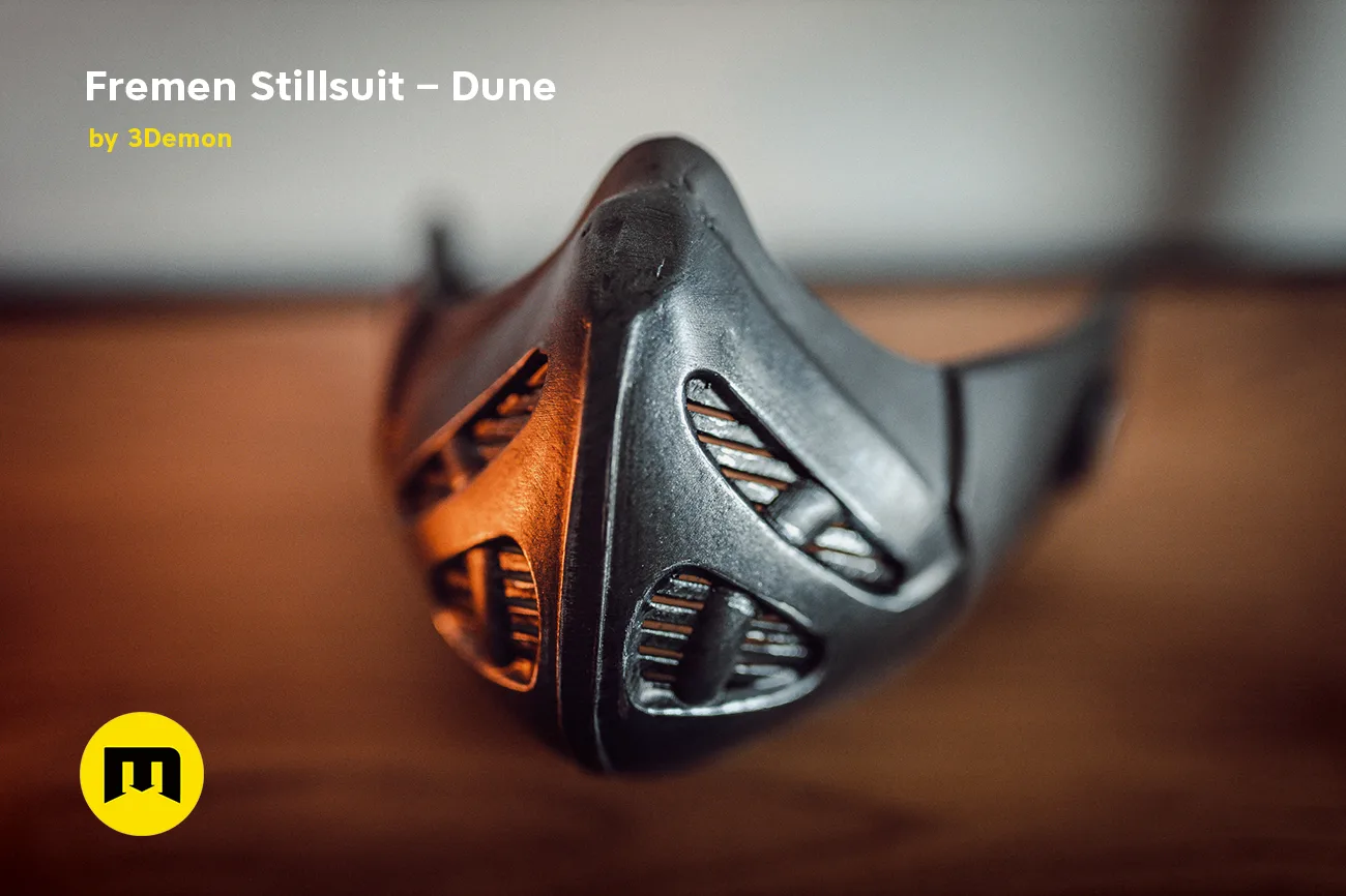 3D visualization of Fremen Stillsuit Mask – Dune, detailed ventilation design, 3D print cosplay prop