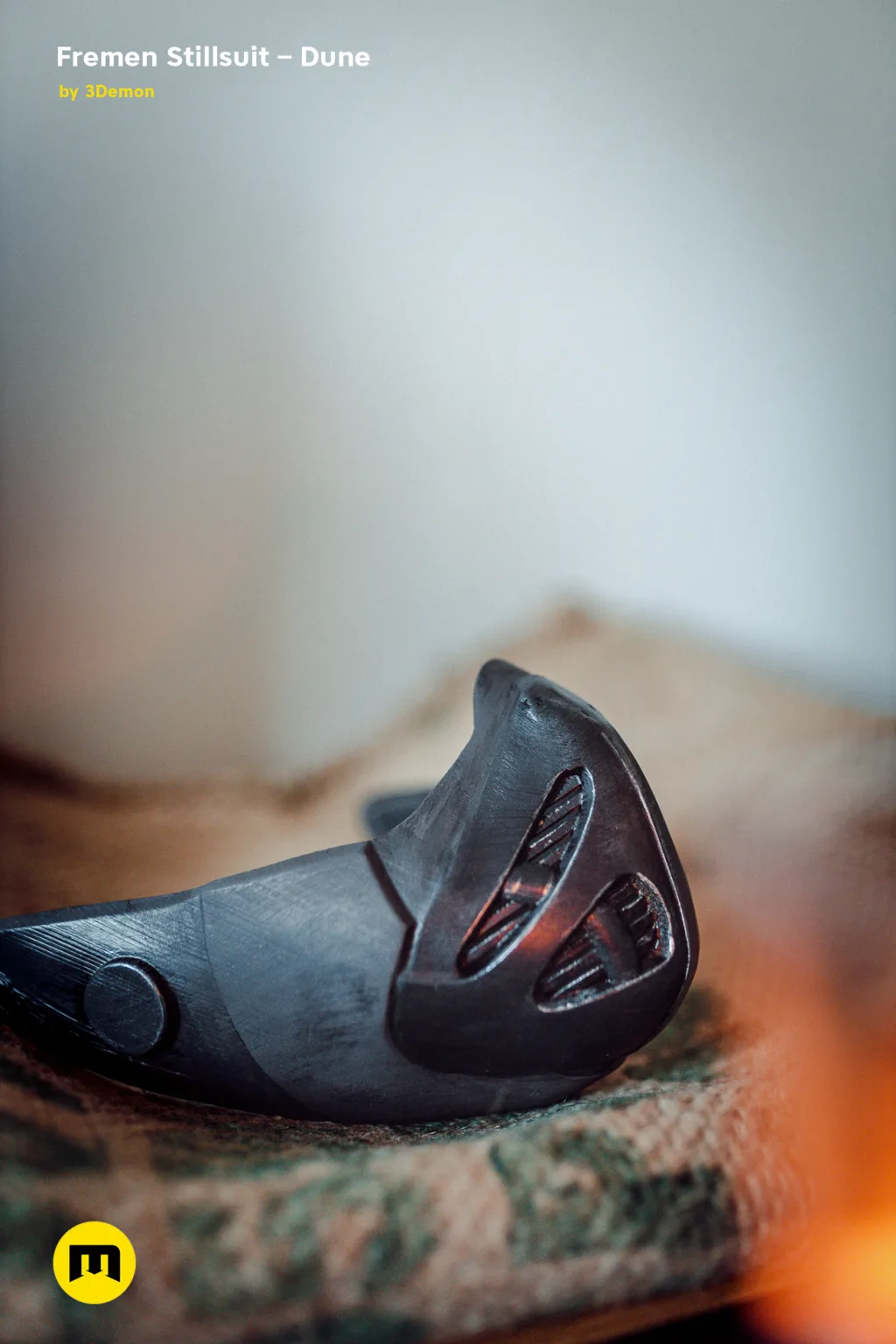 Close-up of Fremen Stillsuit Mask - Dune, detailed black 3D printed respirator, desert cosplay prop.