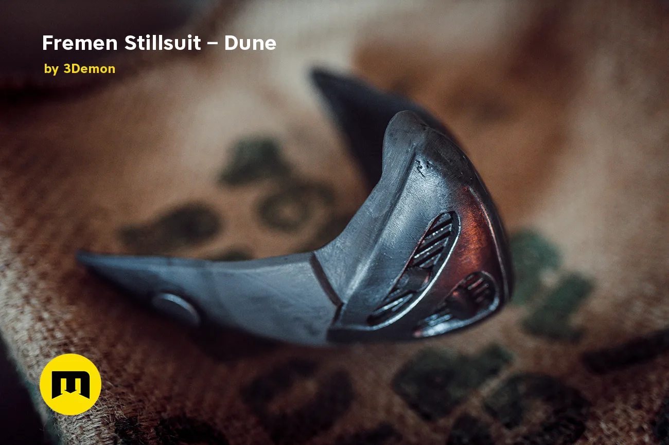 Close-up of Fremen Stillsuit Mask - Dune, detailed metallic 3D print cosplay prop