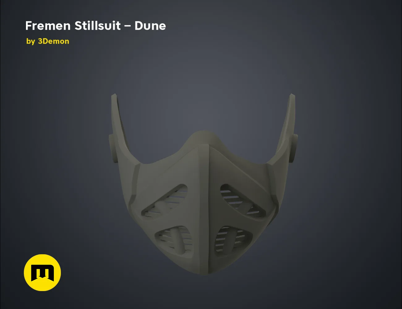 3D model render of Fremen Stillsuit Mask - Dune, front view, 3D print cosplay prop