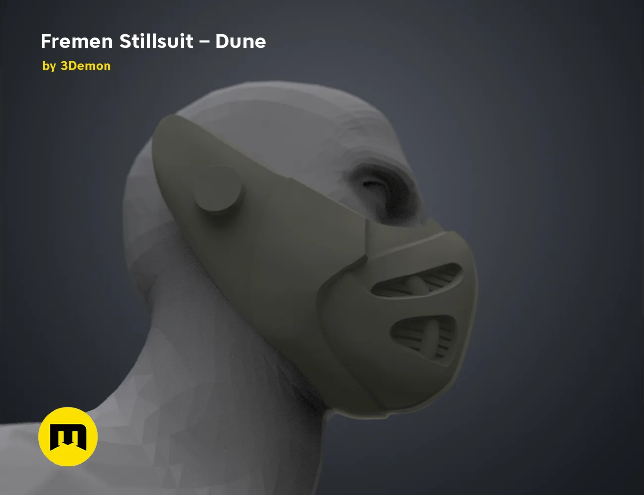 3D visualization of Fremen Stillsuit Mask - Dune, detailed respirator and helmet side view, 3D print cosplay prop