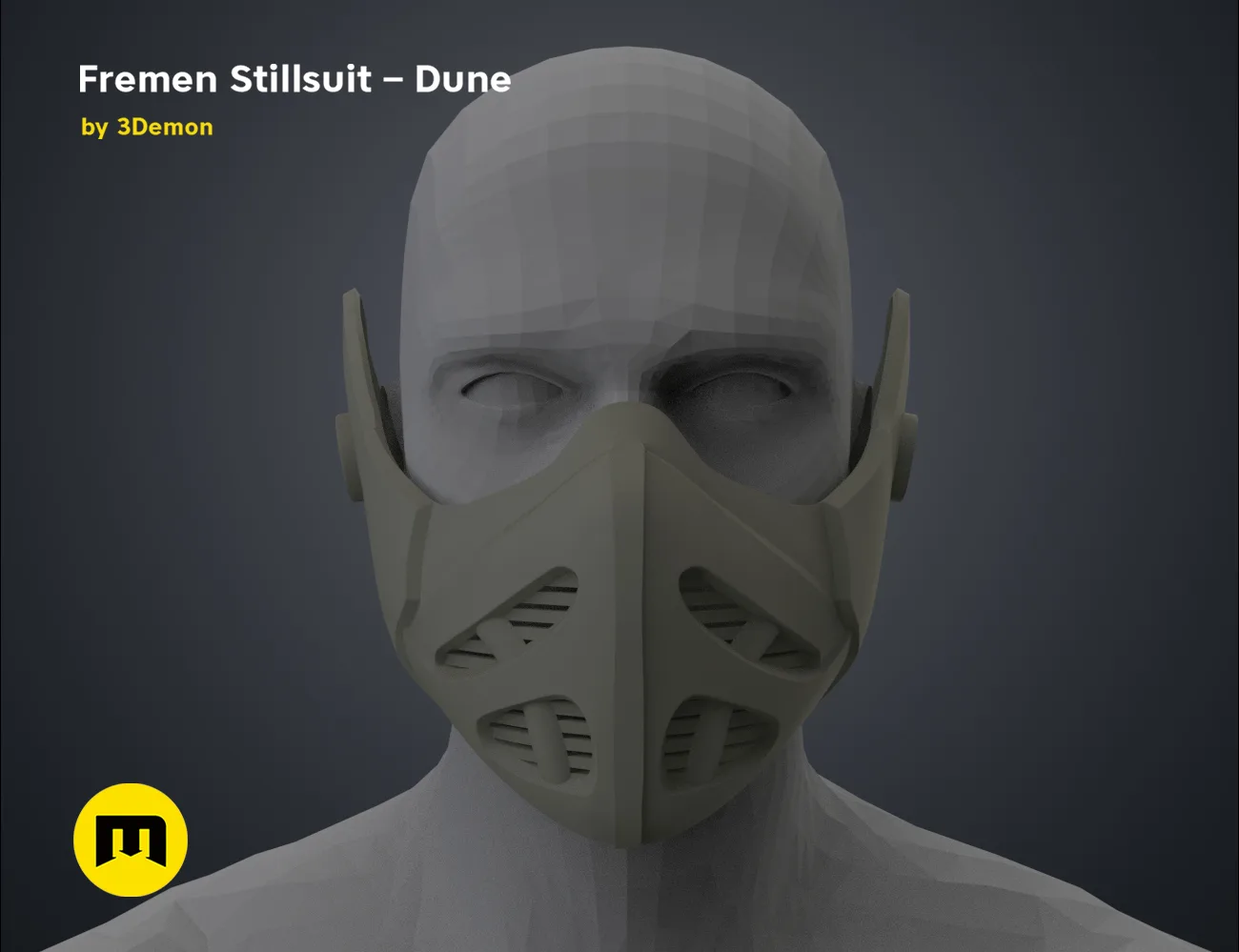 3D model render of Fremen Stillsuit Mask - Dune, front view cosplay prop, 3D print