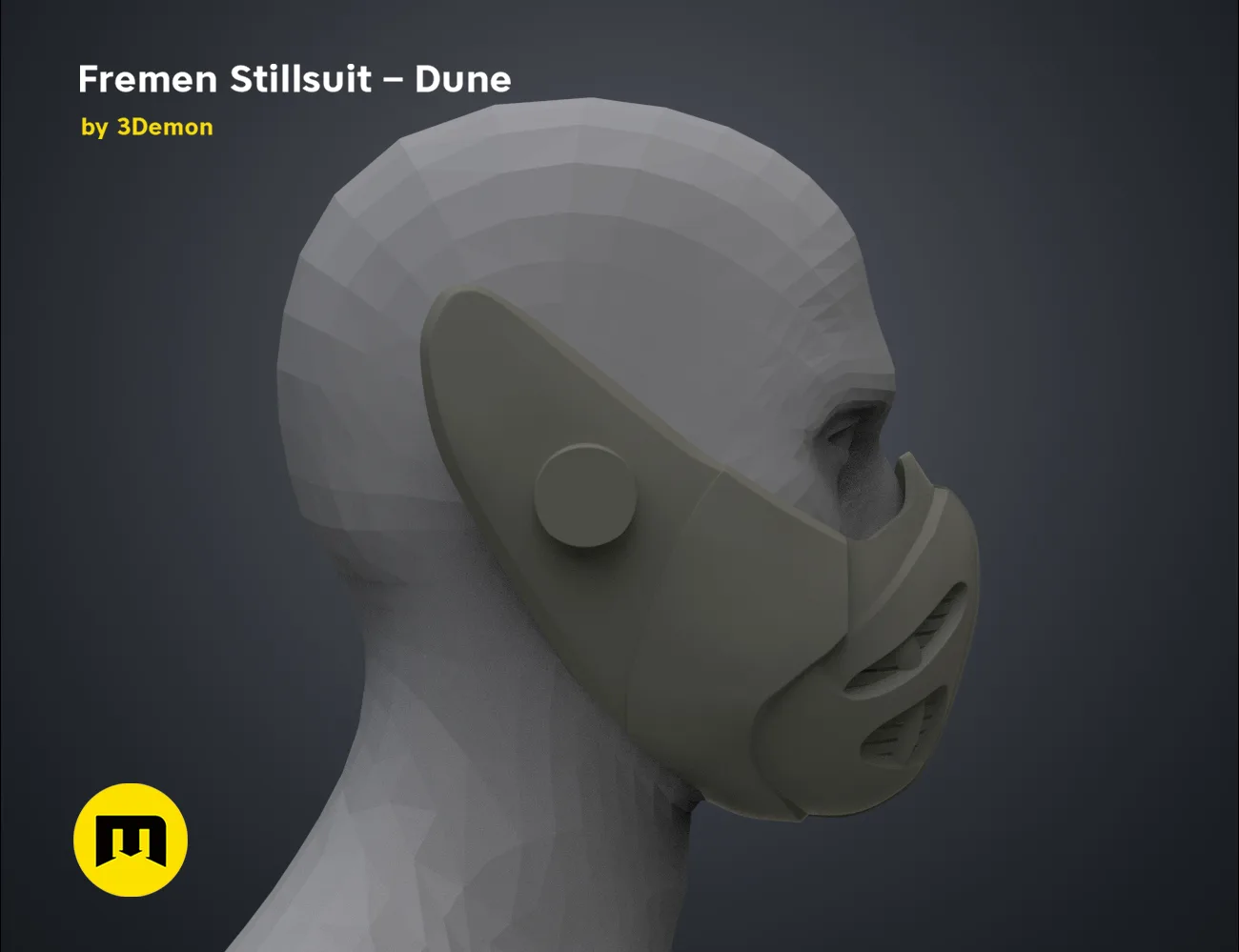 Wireframe mesh render of Fremen Stillsuit Mask STL, side polygon structure, Dune 3D print cosplay prop