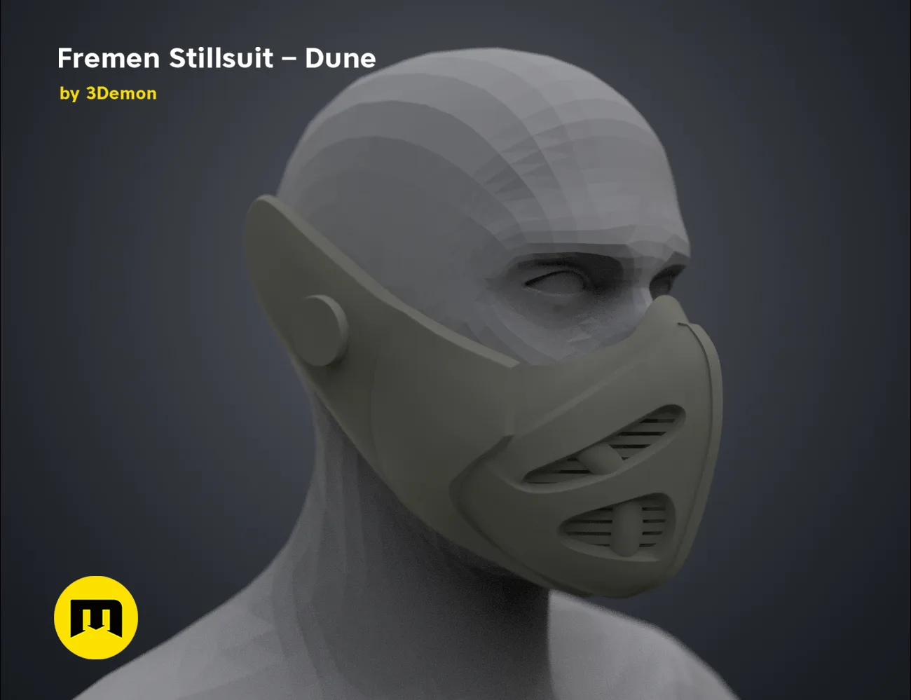 3D visualization of Fremen Stillsuit Mask - Dune, side view, 3D print cosplay prop