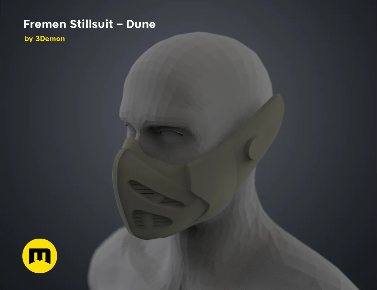 3D model render of Fremen Stillsuit Mask, Dune-inspired 3D print cosplay prop, side view.