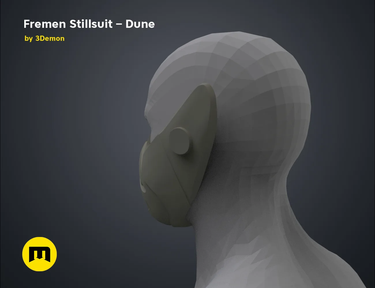 3D visualization of Fremen Stillsuit Mask, side view, Dune 3D print cosplay prop