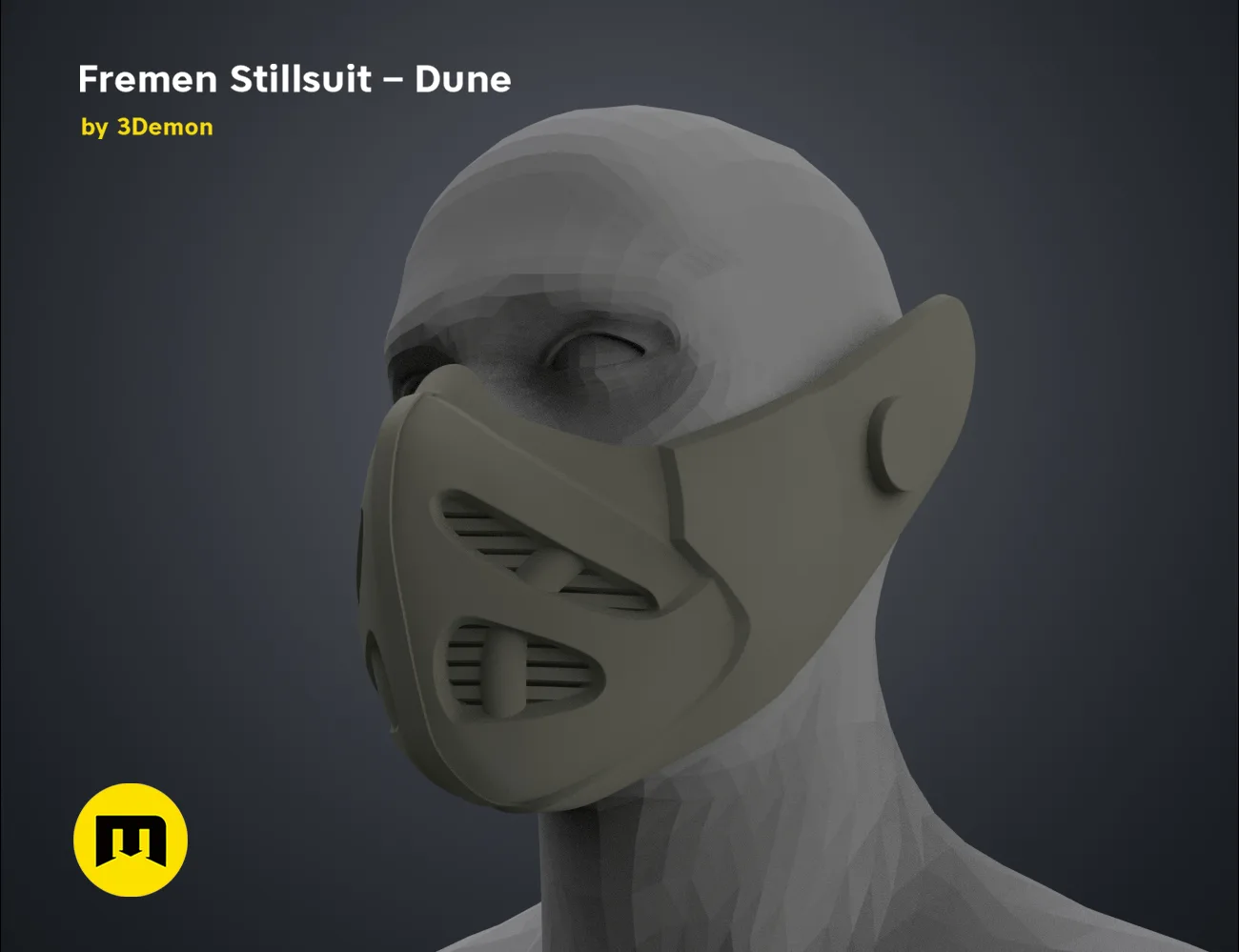 3D visualization of Fremen Stillsuit Mask - Dune, side view, 3D print cosplay prop