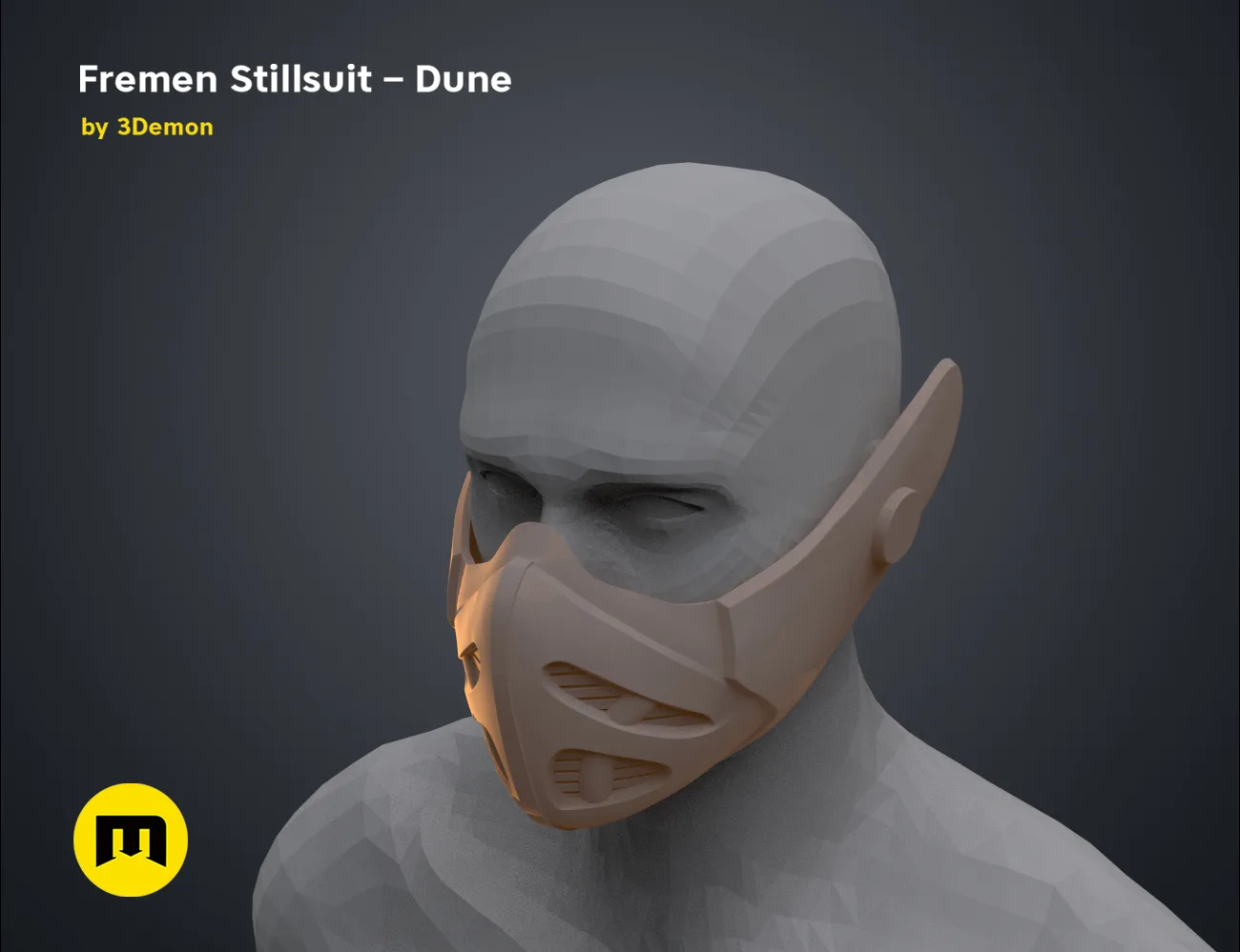 3D model render of Fremen Stillsuit Mask - Dune, side view, 3D print cosplay prop