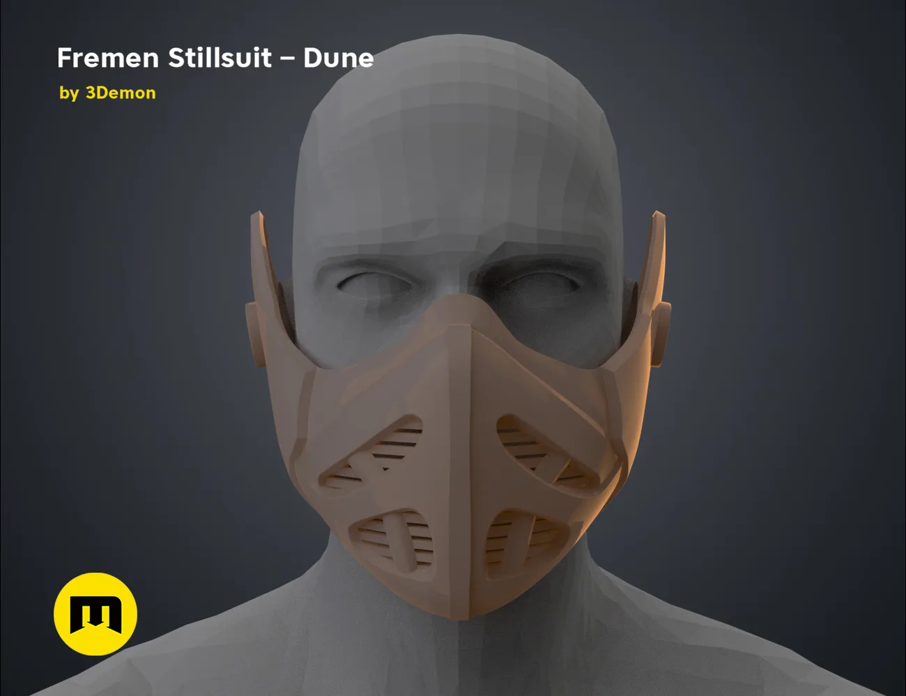 3D model render of Fremen Stillsuit Mask - Dune, front view, 3D print cosplay prop