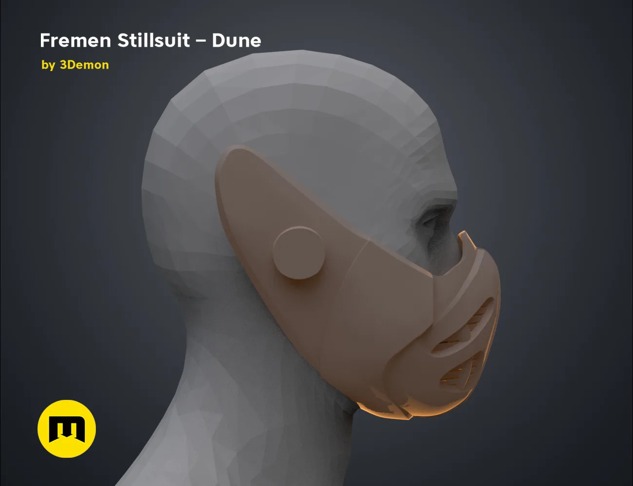 3D model render of Fremen Stillsuit Mask - Dune, side view with filter detail, 3D print cosplay prop