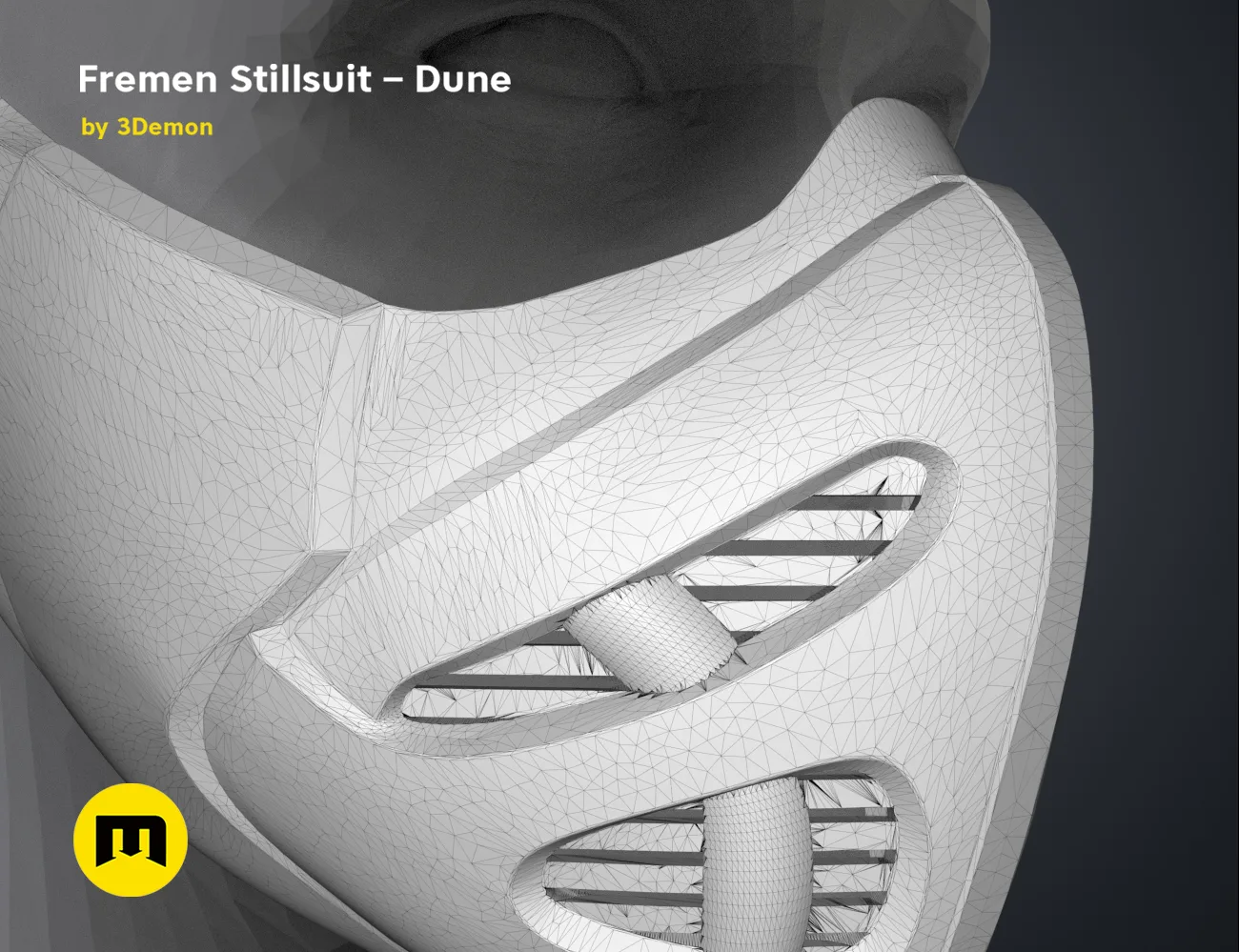 Wireframe mesh render of Fremen Stillsuit Mask STL, side polygon topology, Dune 3D print cosplay prop