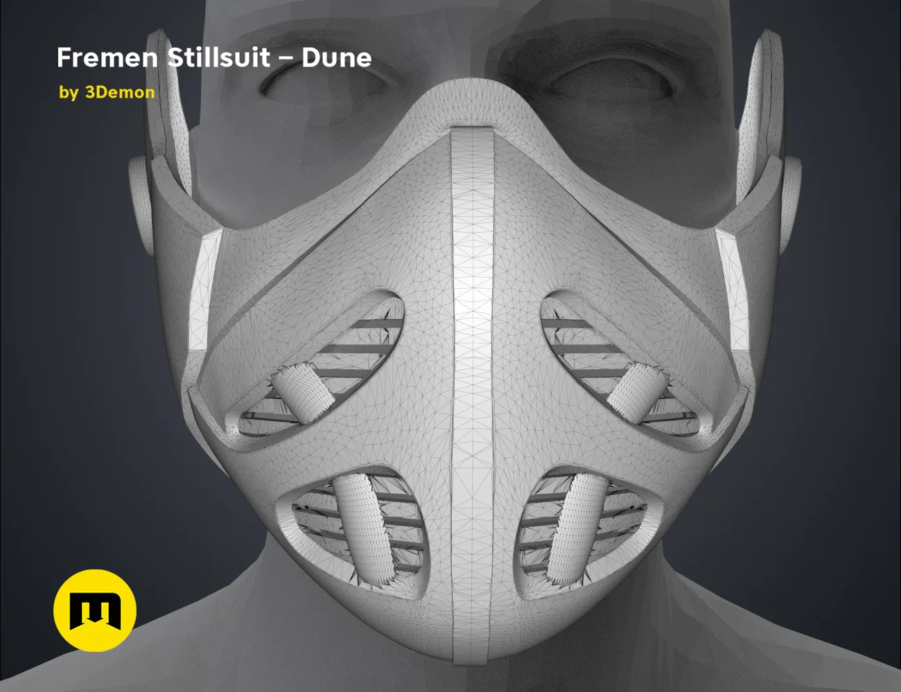 Wireframe mesh render of Fremen Stillsuit Mask STL, front mesh topology with filter detail, Dune cosplay prop