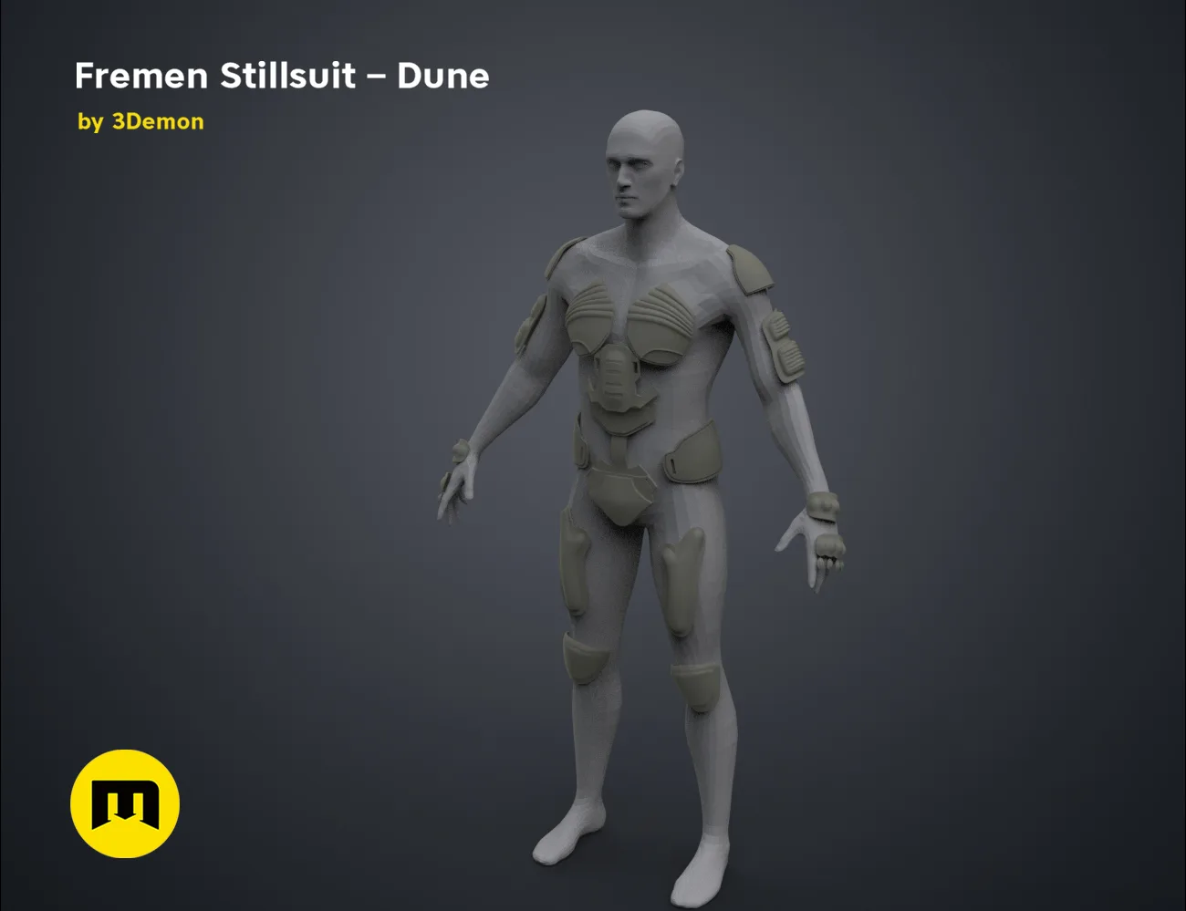 Wireframe mesh render of Fremen Stillsuit - Dune, front view mesh topology, 3D print cosplay prop