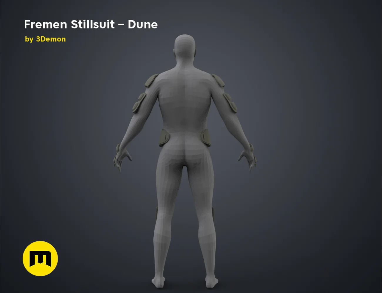 Wireframe mesh render of Fremen Stillsuit – Dune STL, rear mesh topology with shoulder pads, 3D print cosplay prop