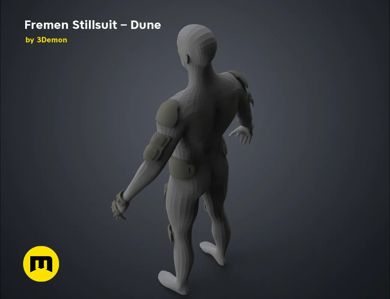 3D model render of Fremen Stillsuit - Dune, rear view with protective arm guards, 3D print cosplay prop