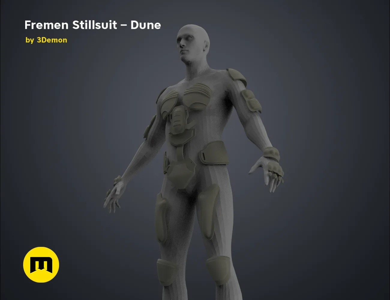3D model render of Fremen Stillsuit - Dune, full-body sci-fi cosplay armor, 3D print preview