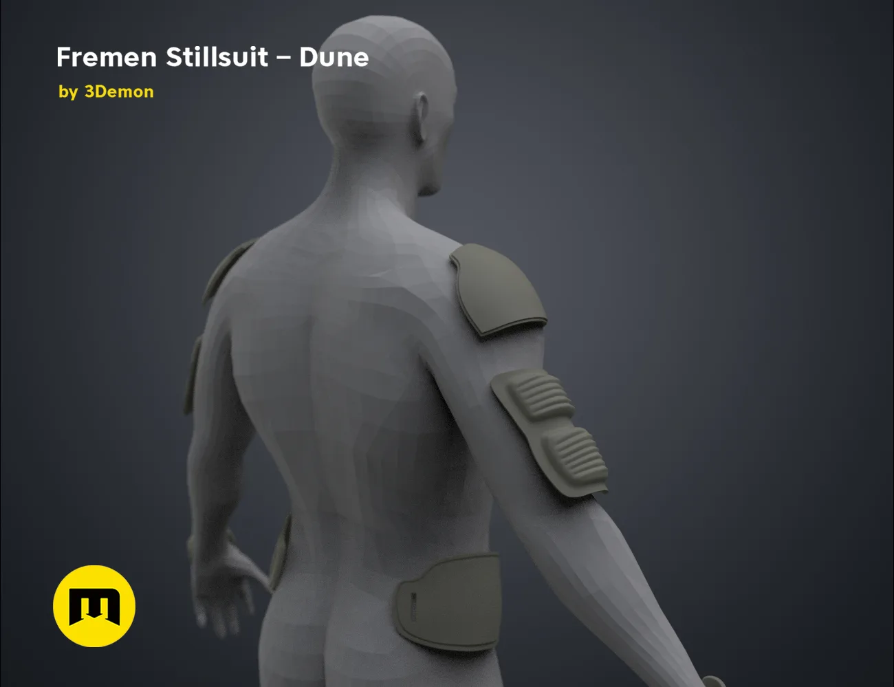 3D model render of Fremen Stillsuit - Dune, rear view with shoulder and arm armor details, 3D print cosplay prop
