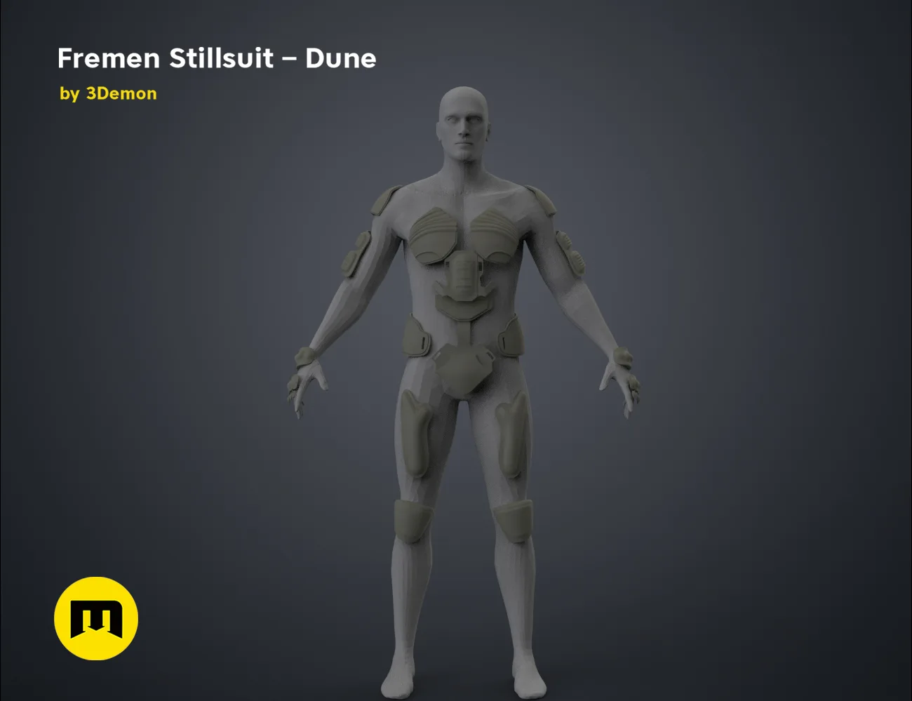 Wireframe mesh render of Fremen Stillsuit - Dune, detailed armor panel topology, 3D print cosplay prop