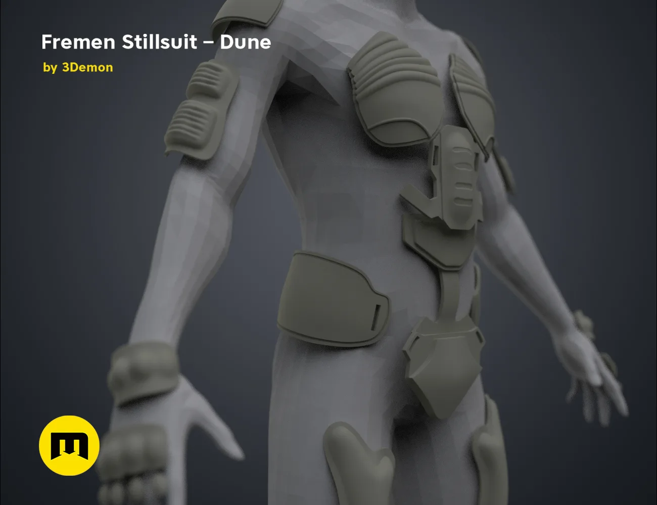 3D visualization of Fremen Stillsuit – Dune, detailed armor cosplay prop, 3D print preview