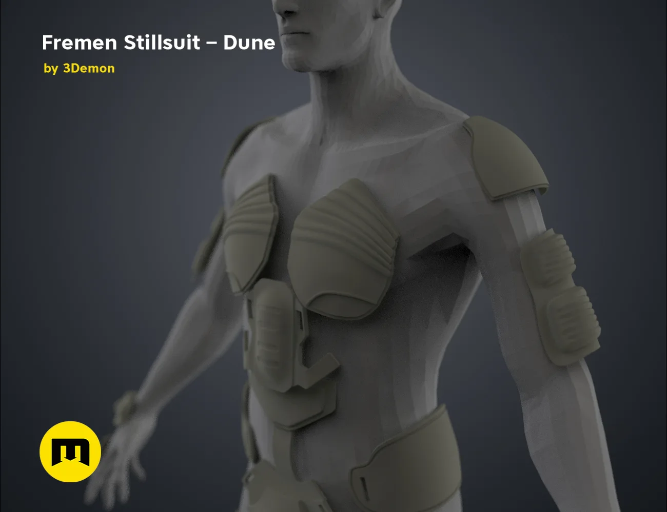 3D model render of Fremen Stillsuit - Dune, sleek desert armor cosplay prop, side view
