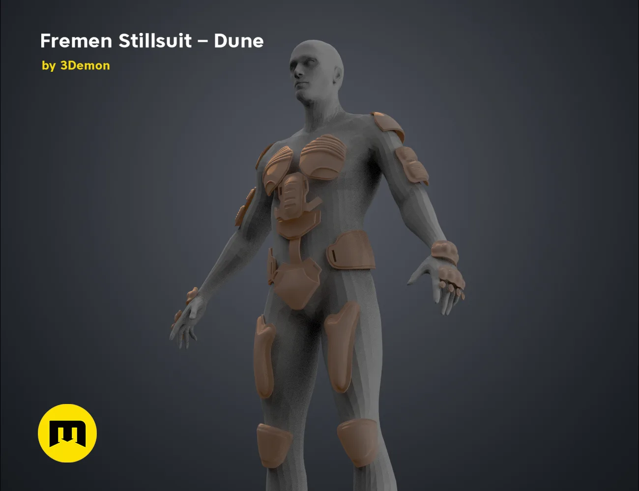3D visualization of Fremen Stillsuit - Dune, exploded view of desert survival armor, 3D print cosplay prop