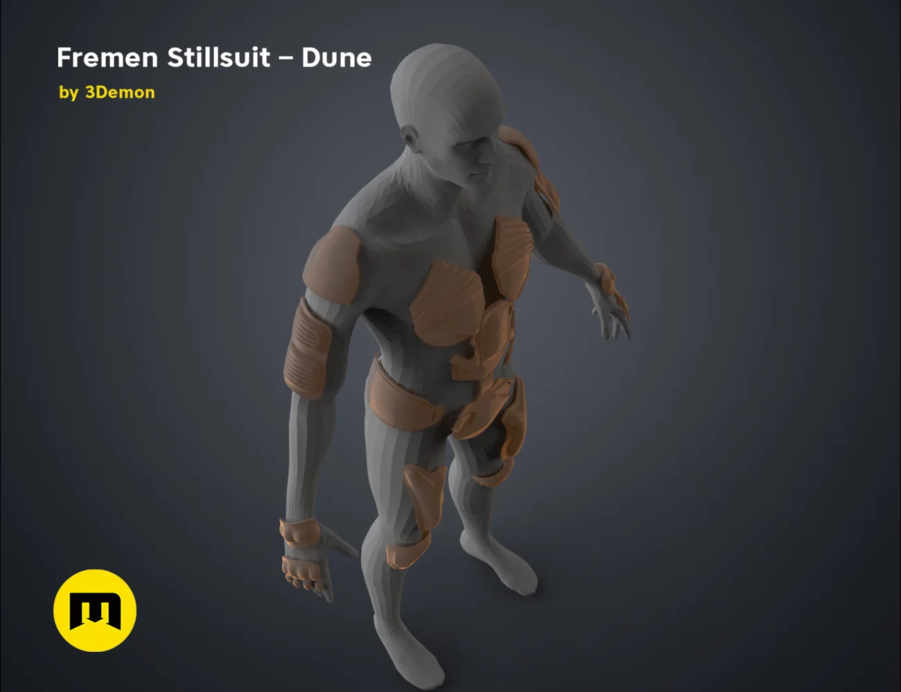 Color-coded parts breakdown of Fremen Stillsuit – Dune, segmented survival armor for 3D print cosplay prop