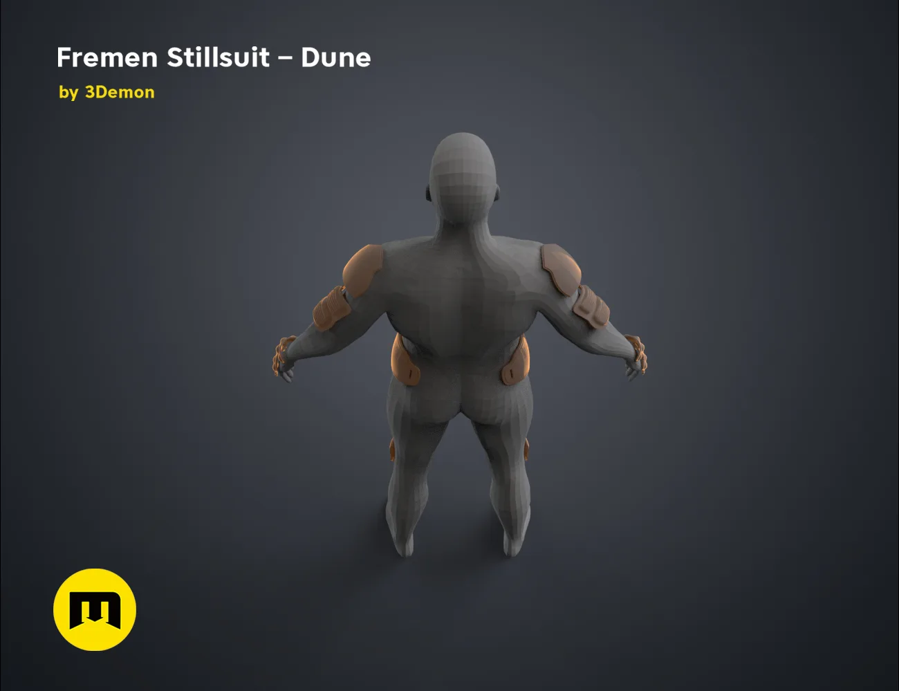 Wireframe mesh render of Fremen Stillsuit - Dune STL, rear mesh topology with arm and belt details, 3D print cosplay ...