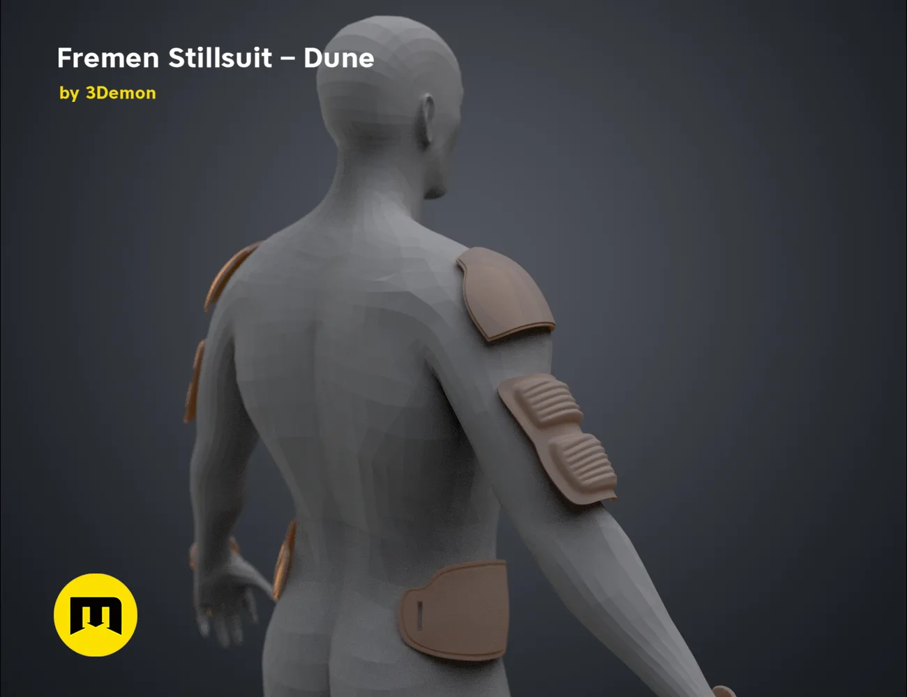 3D visualization of Fremen Stillsuit - Dune, rear view with shoulder and arm ventilation panels, 3D print cosplay prop