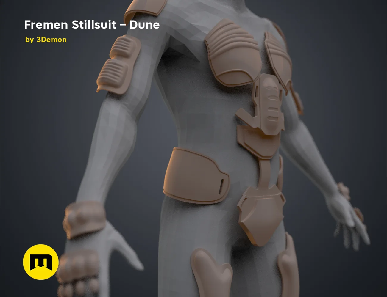 3D model render of Fremen Stillsuit – Dune, armored desert survival suit, 3D print cosplay prop