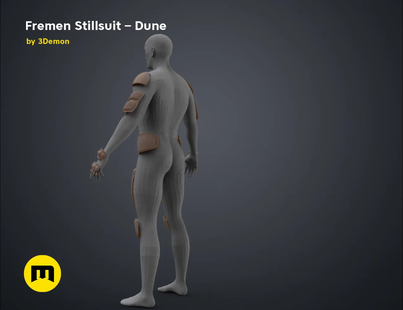 3D model render of Fremen Stillsuit - Dune, rear view with armored shoulder and leg plates, 3D print cosplay prop