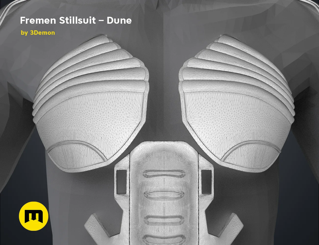 Wireframe mesh render of Fremen Stillsuit - Dune, detailed shoulder mesh topology, 3D print cosplay prop