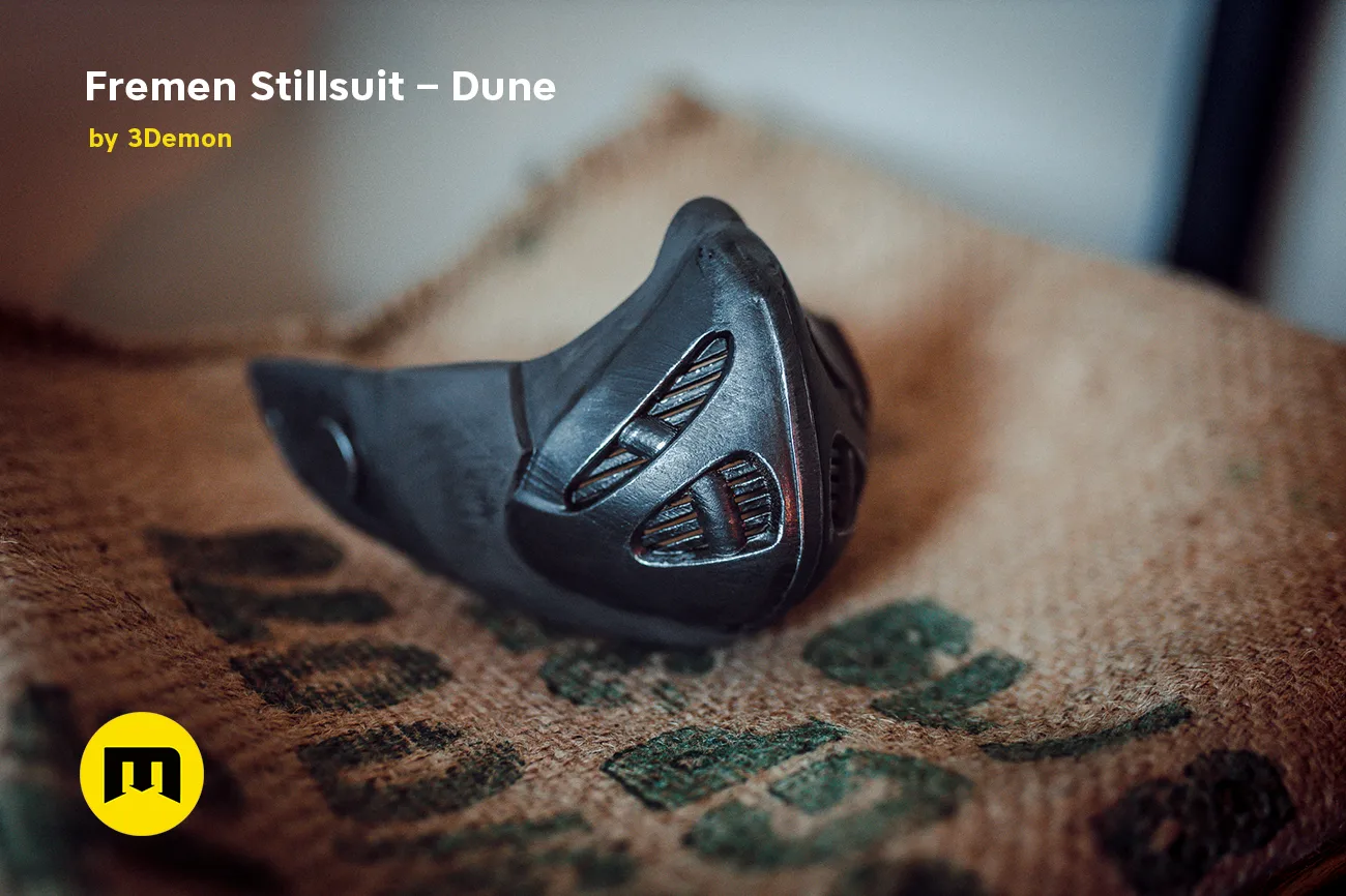 Lifestyle photo of Fremen Stillsuit Mask - Dune, detailed desert-themed 3D printed cosplay prop