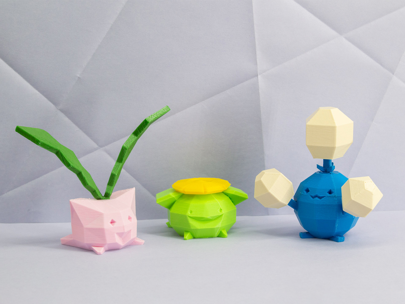 3D visualization of Hoppip collectible figure, pastel pink, green, and blue 3D print preview