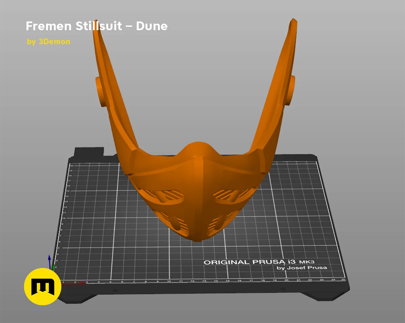 Slicer screenshot of Fremen Stillsuit Mask STL, orange parts on Original Prusa i3 MK3 bed