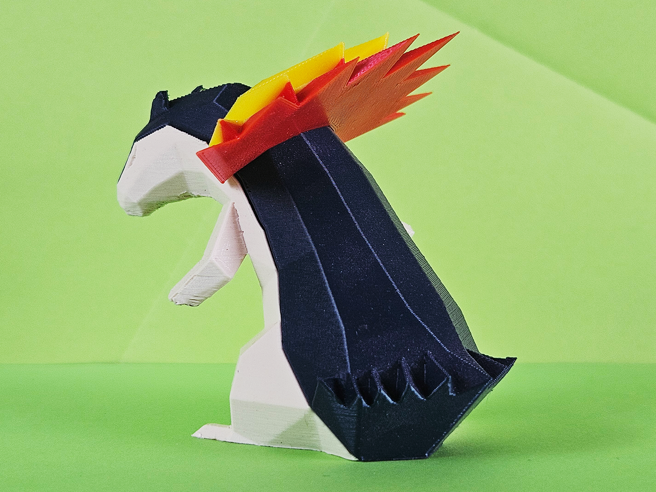 3D model render of Typhlosion, fiery mane and black saddle, Pokémon collectible figure