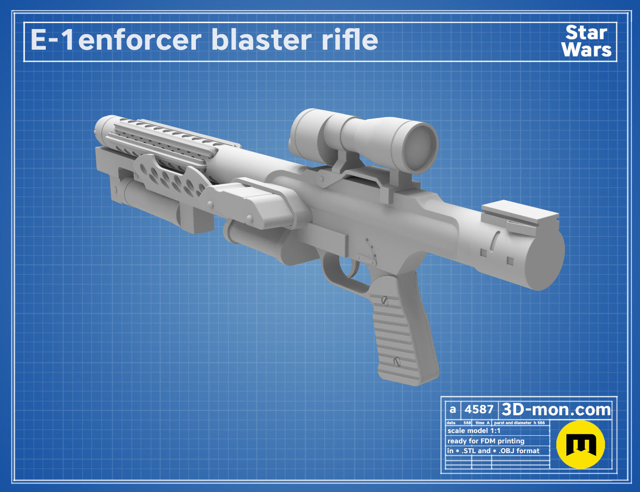 3D model render of E-1 Enforcer Blaster Rifle, Star Wars cosplay prop, side view STL